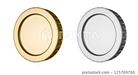 A medal frame of gold and silver coins seen from a left diagonal angle. 3DCG illustration of a transparent coin 125769788