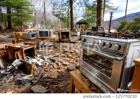 Illegally dumped home appliances abandoned deep in the mountains, a scene symbolizing environmental issues 125770230