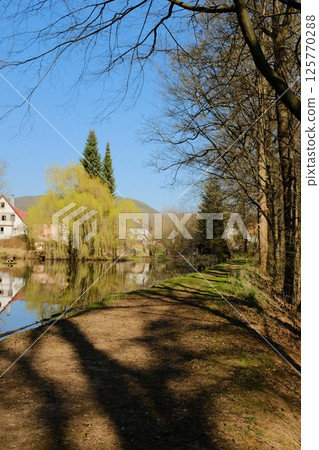 village houses with colorful trees reflecting in calm lake in springtime under blue sky in rural european setting. High quality photo village houses with colorful trees reflecting in calm lake in springtime under blue sky in rural european setting. High quality photo 125770288