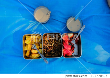 white plush rabbit toy sitting on blue picnic mat with lunchbox bento meal in grassy countryside during spring day. High quality photo white plush rabbit toy sitting on blue picnic mat with lunchbox bento meal in grassy countryside during spring day. High quality photo 125770304