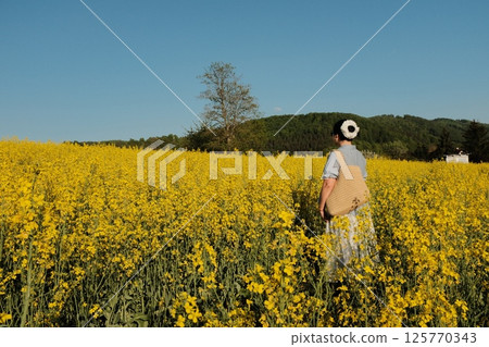 woman in white summer dress and straw hat walking through yellow rapeseed flower field under clear blue sky in countryside. High quality photo woman in white summer dress and straw hat walking through yellow rapeseed flower field under clear blue sky in countryside. High quality photo 125770343