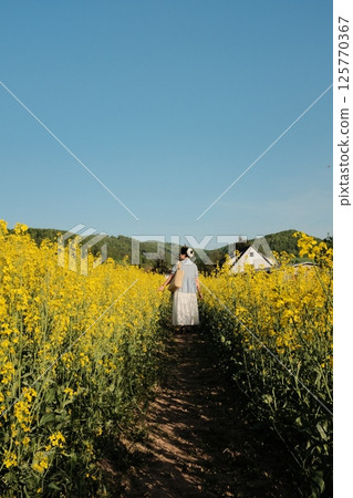 woman in white summer dress and straw hat walking through yellow rapeseed flower field under clear blue sky in countryside. High quality photo woman in white summer dress and straw hat walking through yellow rapeseed flower field under clear blue sky in countryside. High quality photo 125770367