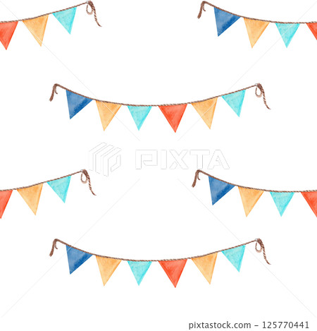 Stretched flag garland seamless pattern isolated on white. Hand-drawn watercolor illustration perfect for birthday cards, baby shower, stationary, celebrations, event programs, stickers design and Stretched flag garland seamless pattern isolated on white. Hand-drawn watercolor illustration perfect for birthday cards, baby shower, stationary, celebrations, event programs, stickers design and 125770441