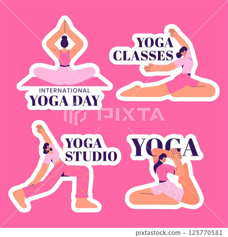International Yoga Day Design with Hand Drawn Wellness Background Label 125770581