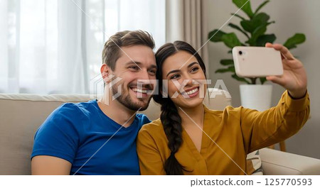 Happy Couple Taking Selfie on Sofa 125770593