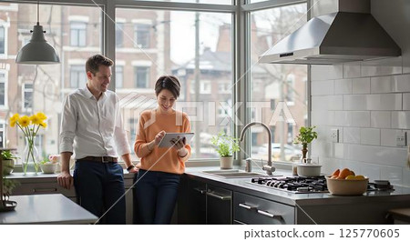 Couple using tablet in modern kitchen Couple using tablet in modern kitchen 125770605