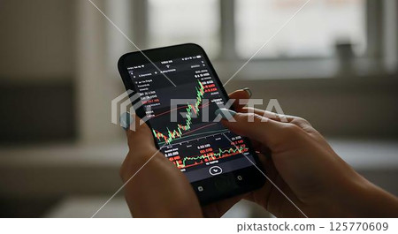 Woman checking stock market on phone Woman checking stock market on phone 125770609