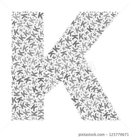 Creative letter K typography collage composed of multiple scattered letters in various sizes and grayscale tones Creative letter K typography collage composed of multiple scattered letters in various sizes and grayscale tones 125770671