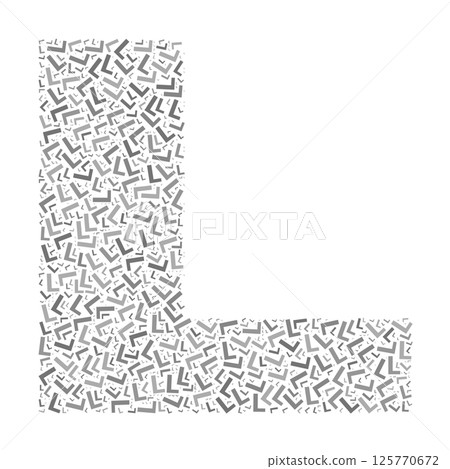 Creative letter L typography collage composed of multiple scattered letters in various sizes and grayscale tones 125770672