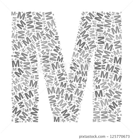 Creative letter M typography collage composed of multiple scattered letters in various sizes and grayscale tones 125770673