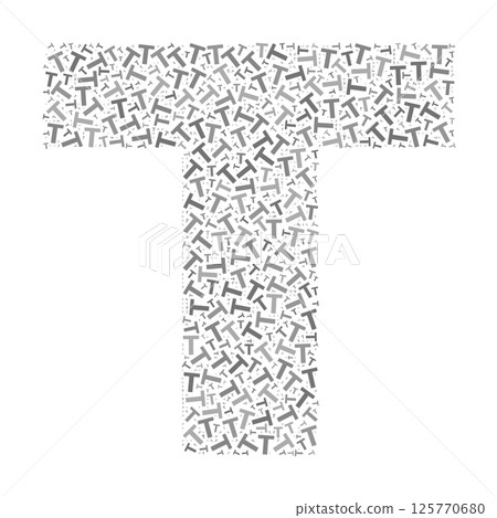 Creative letter T typography collage composed of multiple scattered letters in various sizes and grayscale tones 125770680