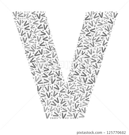 Creative letter V typography collage composed of multiple scattered letters in various sizes and grayscale tones 125770682