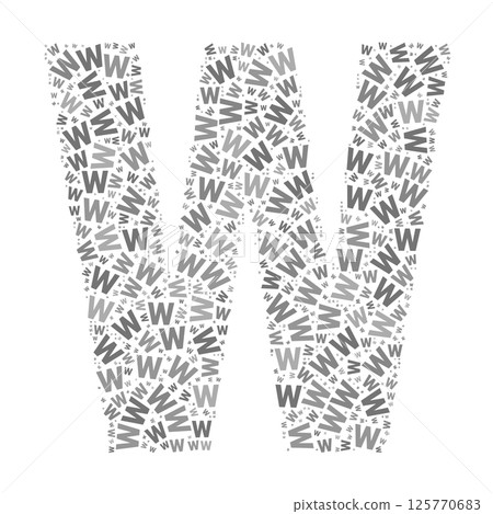 Creative letter W typography collage composed of multiple scattered letters in various sizes and grayscale tones 125770683