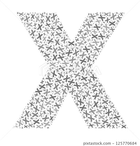 Creative letter X typography collage composed of multiple scattered letters in various sizes and grayscale tones 125770684