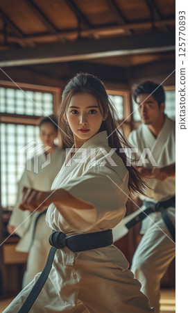 一名女空手道選手在練習型時顯得嚴肅 一名女空手道選手在練習型時顯得嚴肅 125770893