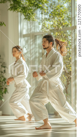 A female karateka looks serious in the stance of a kata 125770900
