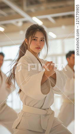 A female karateka looks serious in the stance of a kata 125770905