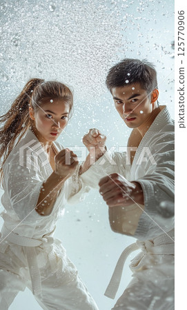 A female karateka looks serious in the stance of a kata 125770906