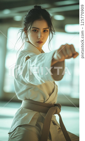 A female karateka looks serious in the stance of a kata 125770909