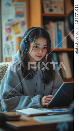 一名高中生在房間使用智慧型手機和電腦學習 125771011