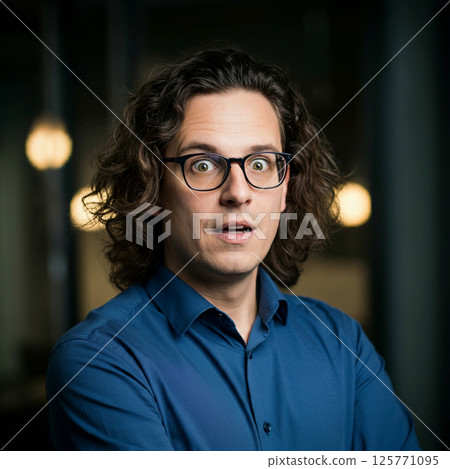A businessman wearing glasses looking at me with a surprised face 125771095