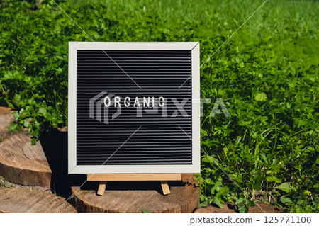 ORGANIC message on background of fresh eco-friendly bio grown green herb parsley in garden. Countryside food production concept. Locally produce harvesting. Sustainability ORGANIC message on background of fresh eco-friendly bio grown green herb parsley in garden. Countryside food production concept. Locally produce harvesting. Sustainability 125771100