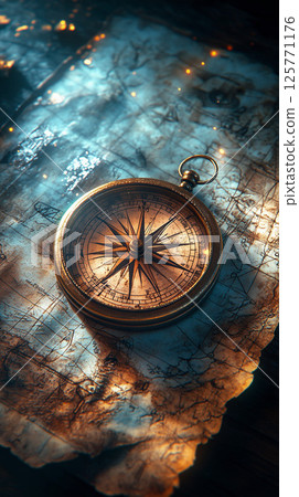 Antique compass and fantastic light placed on an old map 125771176