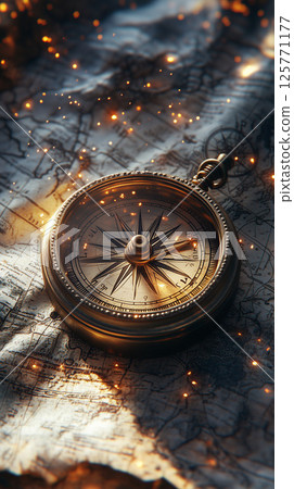 Antique compass and fantastic light placed on an old map 125771177
