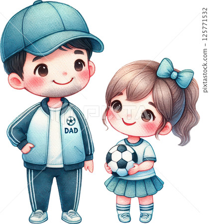 Soccer coach dad and daughter playing soccer together 125771532