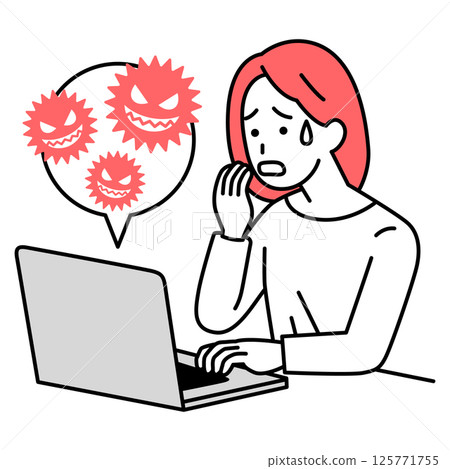 Casual woman troubled by her laptop being infected with a computer virus 125771755