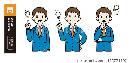 Vector illustration material set of a young businessman who has a flash of inspiration, notices something, and solves a problem _ Line width can be edited _ Color 125771792