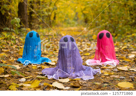 Creative handmade Halloween holiday decoration. Colorful ghost in autumn leaves forest. Zero waste homemade decor. Mystic place Creative handmade Halloween holiday decoration. Colorful ghost in autumn leaves forest. Zero waste homemade decor. Mystic place 125771860