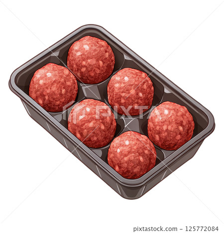 A package of freshly prepared uncooked beef meatballs arranged in a plastic tray ready for cooking or freezing 125772084