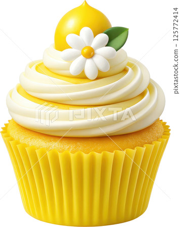 Vibrant lemon cupcake with creamy frosting and white flower 125772414