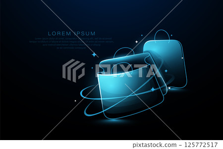 Futuristic Glowing Shopping Bag Icon with Digital Effects on Dark Background Futuristic Glowing Shopping Bag Icon with Digital Effects on Dark Background 125772517