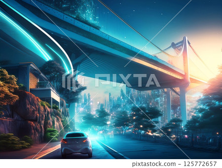 Game background: Cyber city with futuristic highway at night 125772657