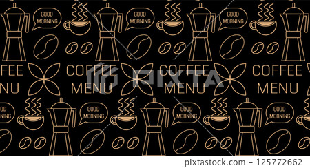 Coffee geometric pattern of lines. Abstract seamless background for coffee shop, food packaging, menu. 125772662