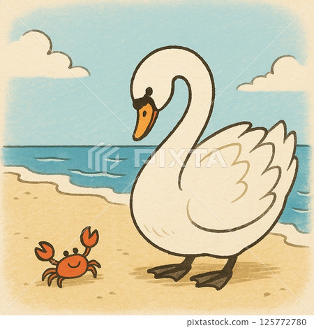 Crab and Swan on a Summer Beach Cartoon Illustration Generative AI 125772780