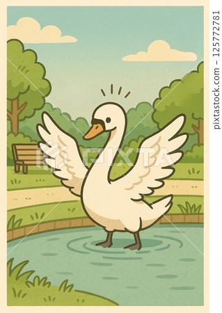 一隻天鵝在公園淺水池中嬉戲 卡通插圖 生成式人工智慧 125772781