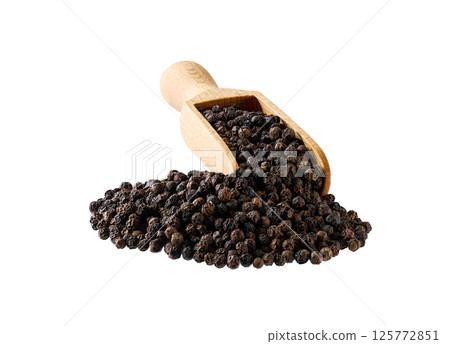 black peppercorns in a wooden serving scoop isolated on white background. black peppercorns in a wooden serving scoop isolated on white background. 125772851