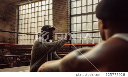 Old school boxing atmosphere demonstrates traditional practice, coach in the ring of old school boxing inspires motivating athletes analyzing training moments, retro training visuals 125772926