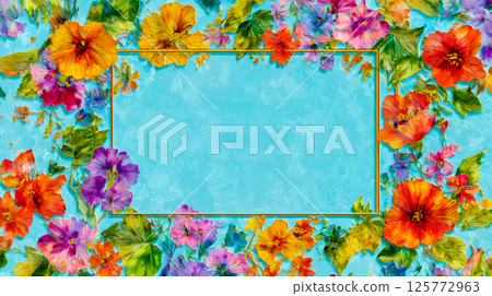 3D card with flowers with space for text in the center of the frame, watercolor card or invitation in bright turquoise tones, visual elements for social networks and creative projects 125772963