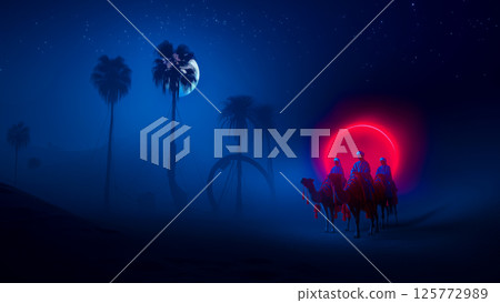 Silhouettes of riders against the glowing red moon in surreal desert ride past campsite in an oasis, mystical journey in visual storytelling of fantasy world, copy space for advertising fantasy Silhouettes of riders against the glowing red moon in surreal desert ride past campsite in an oasis, mystical journey in visual storytelling of fantasy world, copy space for advertising fantasy 125772989