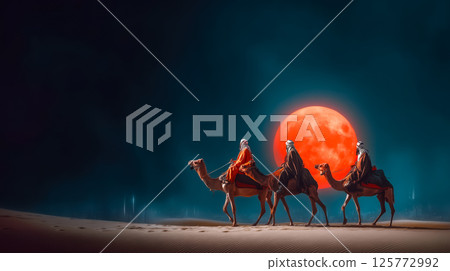Travelers on camels ride through desert at night against backdrop of full moon and modern city skyline with skyscrapers, story about the connection of modern world and ancient travelers Travelers on camels ride through desert at night against backdrop of full moon and modern city skyline with skyscrapers, story about the connection of modern world and ancient travelers 125772992