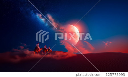 epic moonrise and bright stars of galaxy cast red glow on travelers crossing silent desert, silhouettes of travelers ride toward starry horizon, landscape unites story of fantastical journeys epic moonrise and bright stars of galaxy cast red glow on travelers crossing silent desert, silhouettes of travelers ride toward starry horizon, landscape unites story of fantastical journeys 125772993