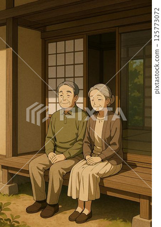Illustration of an elderly Japanese couple spending peaceful time on the veranda 125773072