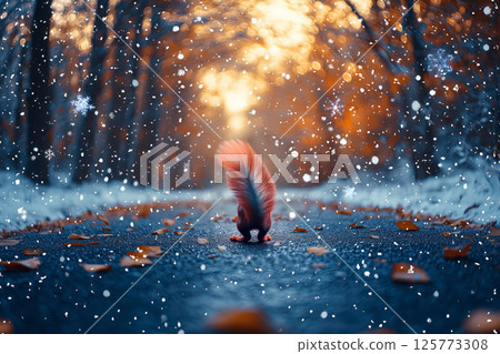 Rear view of a squirrel walking along a road in a snowy forest 125773308