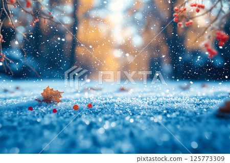 Winter scenery of a snowy forest path, fallen leaves and snowberries Winter scenery of a snowy forest path, fallen leaves and snowberries 125773309