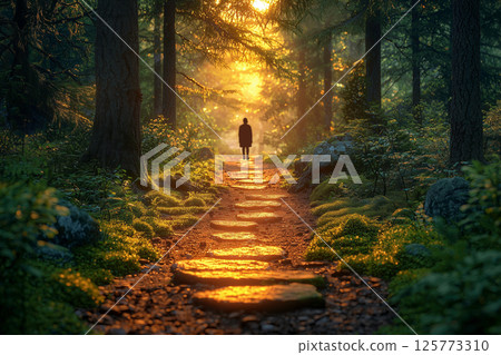 Back view of a person walking along a forest path illuminated by the morning sun 125773310