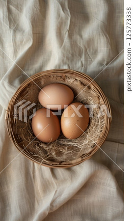 Egg brown on wooden rattan farm product story background 125773338